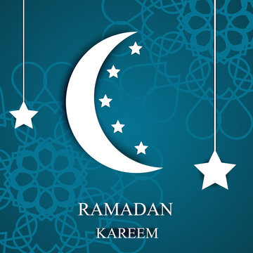 Greeting card , invitation for a Ramadan Kareem . 3D style . Cut from paper moon and stars . Vector illustration .