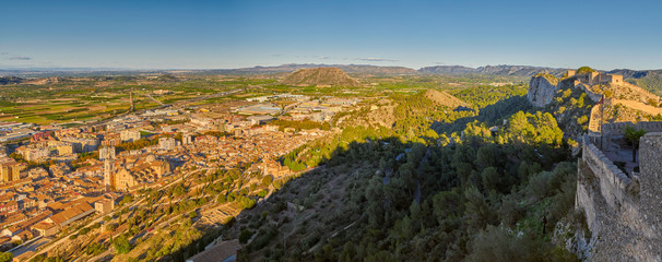 Sunset Panorama of Xativa town and Castle in Valencia Province of Spain