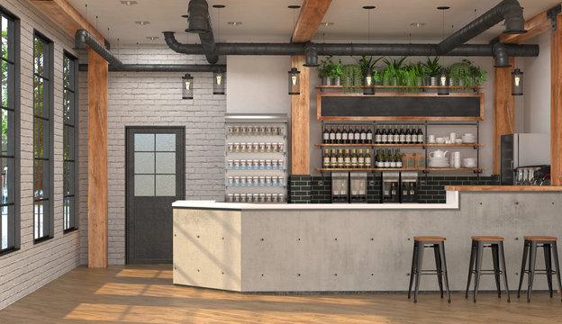 Modern design of the bar in loft style.  3D visualization of the interior of a cafe with a bar counter.