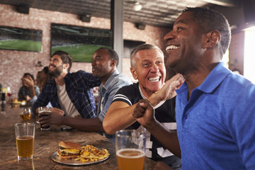 Fototapeta na wymiar Male Friends In Sports Bar Watch Game And Celebrate