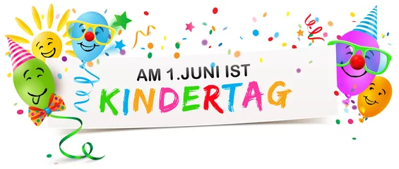 Fotobehang Am 1.Juni ist Kindertag - Banner mit bunten lustigen Luftballon Gesichter, Sonne und Konfetti  © Artenauta