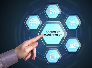 Business, Technology, Internet and network concept. Young businessman shows the word: Document management