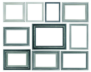 collection of vintage blue and wood picture frame, isolated on white