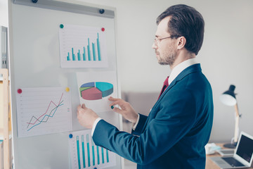Close up side view of focused businessman putting paper with pie chart on white board, reporting the results of work of company