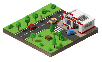 Isométrique 3D Low poly - Garage et voiture dans ville