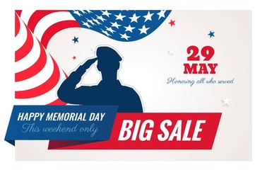 Happy Memorial Day sale banner. Holiday background with waving flag, soldier silhouette and text. Vector flat illustration