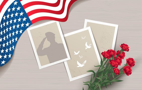 Happy Memorial Day  flyer, banner or poster. Holiday background with waving flag, photos and flowers. Vector illustration