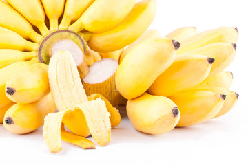 half peeled egg banana and  two hand of Golden bananas  on white background healthy Pisang Mas Banana fruit food isolated
