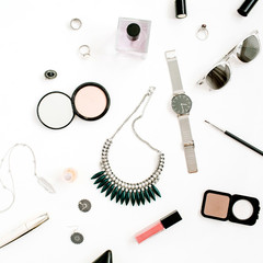 Beauty blog concept. Female make up accessories: watches, necklace, lipstick, shoes, sunglasses on white background. Flat lay, top view trendy fashion feminine background.