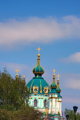 Fototapeta na wymiar Dome of St. Andrew's Church on the blue sky of the background. Kyiv. Ukraine