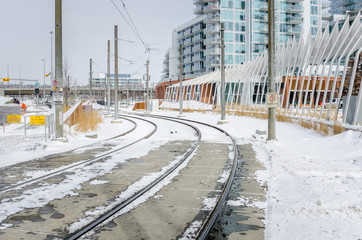 Deserted Snowy Light Rail Tracks