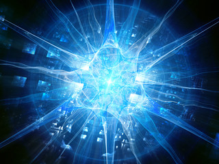 Futuristic blue glowing human neuron with chip, futuristic biotechnology