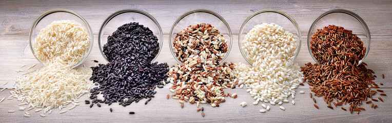 Five types of rice: basmati, black rice, mix long grain, arborio and red rice