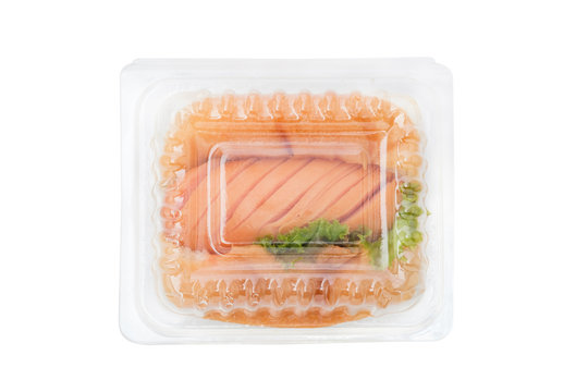 Sausage sandwich / Small sausage sandwich in plastic food container on white background.