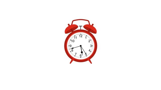 Animated clock counting down 12 hours. Seamlessly loops. Time lapse. red alarm clock on white background. Red clock.