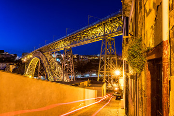 Dom Luis I Bridge in Porto Portugal at night