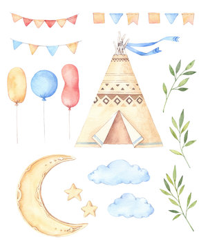 Watercolor illustrations - Kids tent, moon and stars, balloons, floral branches and garlands. Ideas for a children's room. Baby shower party elements. Perfect for prints, postcards, posters