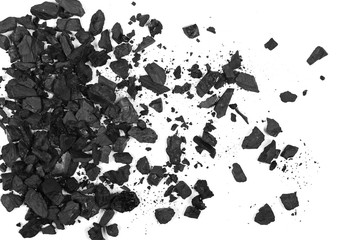pile black coal isolated on white background, top view
