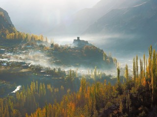 Close Up Of Altit Fort With Surrounding Mist In Hunza Valley In Autumn Season, Karimabad, Gilgit–Baltistan Region Of Pakistan - obrazy, fototapety, plakaty