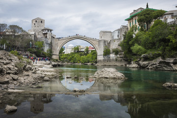 Panorama of The Old Bridge in Mostar in a beautiful summer day, Bosnia and Herzegovina