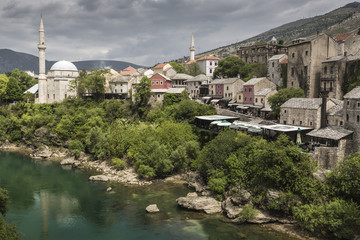 Panorama from The Old Bridge in Mostar in a beautiful summer day, Bosnia and Herzegovina.