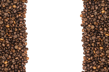 Frame of roasted coffee beans isolated on white may use as background or texture (with easy removable sample text)