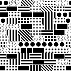 Decorative geometric shapes tiling. Monochrome irregular pattern.  Abstract black and white background. Artistic ornamental lattice