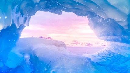 Blue ice cave window view in Antarctica flooded with soft sunset pink light. Generated snow falling. Exploring beauty world. Travel, holidays, sports and recreation background. Slow motion 4K footage