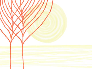 Colorful hand drawn abstract horizon view of tree without leaves and yellow sun on white background, isolated illustration painted by oil color and watercolor, high quality