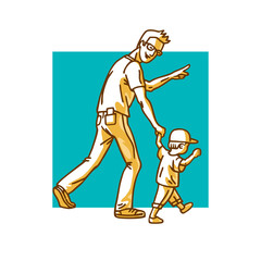 Father and son. Dad with eyeglasses and little baby with cap walking. Man pointing with finger direction for motion. Cartoon vector illustration.
