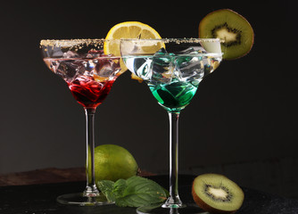 Colorful cocktails on the bar table in restaurant.