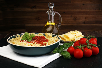 Plate of delicious spaghetti Bolognaise or Bolognese with savory minced beef and tomato sauce...