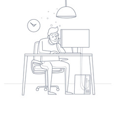 Tired employee sitting at a desk in the office. Thin line. Flat vector illustration in cartoon style.
