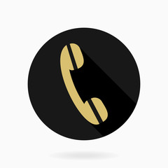 Fine vector golden telephone receiver in the circle. Flat design with long shadow