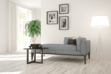 White modern room with sofa. Scandinavian interior design. 3D illustration