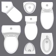 Toilet equipment top view collection for interior design.Vector illustration in flat style. Set of different toilet sinks types.
