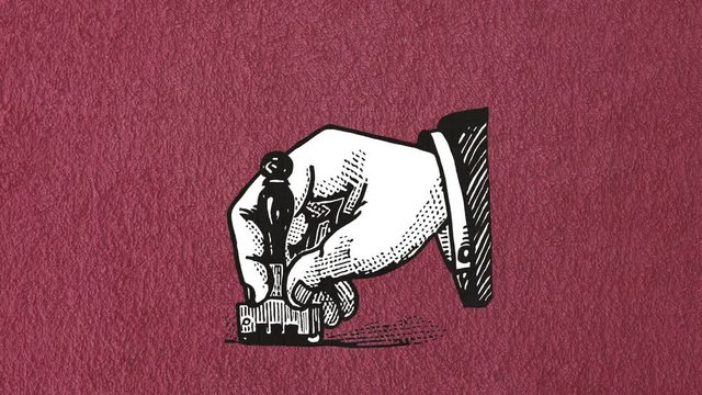 A drawn hand putting a stamp on a surface. Vintage retro old-style animation. Backgrounds: beer glass, red textile, rust, blue, dirt, scarlet, white, plain green screen.
