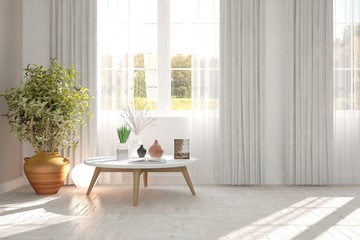Fototapeta premium White empty room with green landscape in window. Scandinavian interior design. 3D illustration
