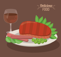 delicious food steak and sausages with pea vegetable and wine vector illustration