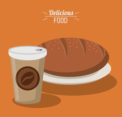 delicious food bread whole paper coffee cup vector illustration
