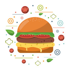 fast food hamburger cheese tomato lettuce poster vector illustration