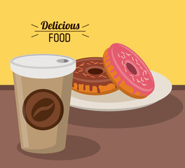 delicious food sweet donuts with paper coffee cup vector illustration