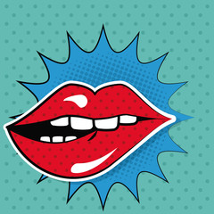 sexy female lips teeth bubble speech pop art vector illustration