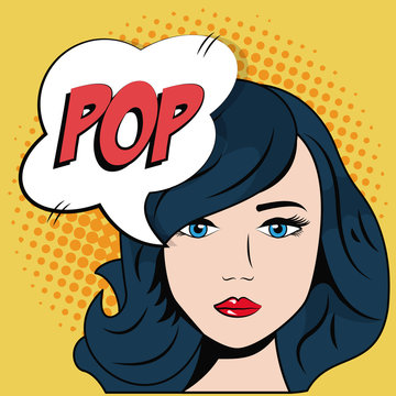 comic blue hair girl bubble speech pop art vector illustration