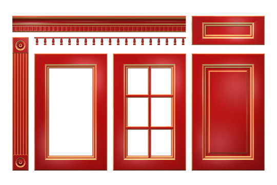 Red with gold door, drawer, column, cornice for kitchen cabinet isolated on white