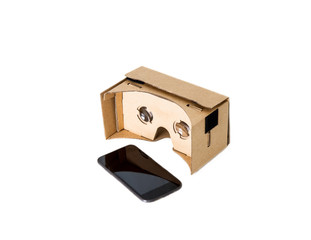 VR glasses cardboard and phone on white .Isolated