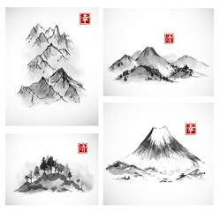 Paintings of mountains hand drawn with ink. Traditional oriental ink painting sumi-e, u-sin, go-hua. Contains hieroglyphs - happiness, clarity © elinacious