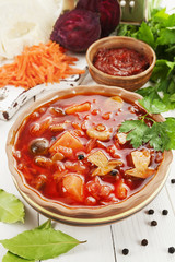 Vegetarian beetroots soup with  mushrooms