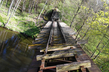 The destroyed railway bridge over the river