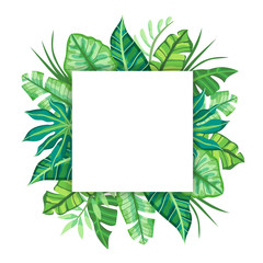 Square label design with Tropical Leaves. Suitable for nature concept, vacation, and summer holidays. Vector Illustration.